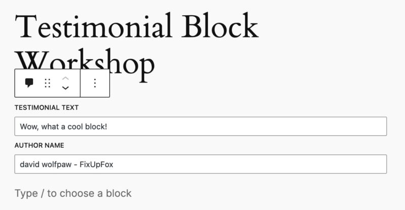 a screenshot of the testimonial block backend, showing the editable text fields